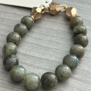 Natural Labradorite Stretch Bracelet | Gray Green Gemstone | Gold Accent Beads